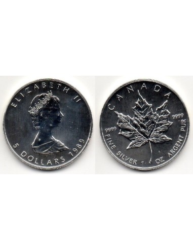 1989 - Canadá. 5 dólares, 1 onza de plata Maple Leaf