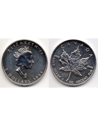 1996 - Canadá. 5 dólares, 1 onza de plata Maple Leaf