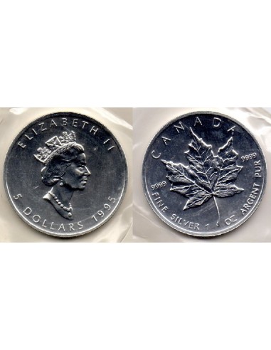 1995 - Canadá. 5 dólares, 1 onza de plata Maple Leaf