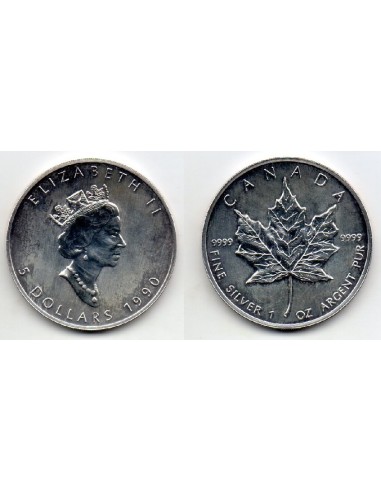 1990 - Canadá. 5 dólares, 1 onza de plata Maple Leaf