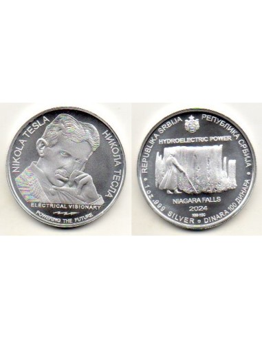 2024 Serbia, 100 Dinara, onza plata Tesla, catarata del Niagara